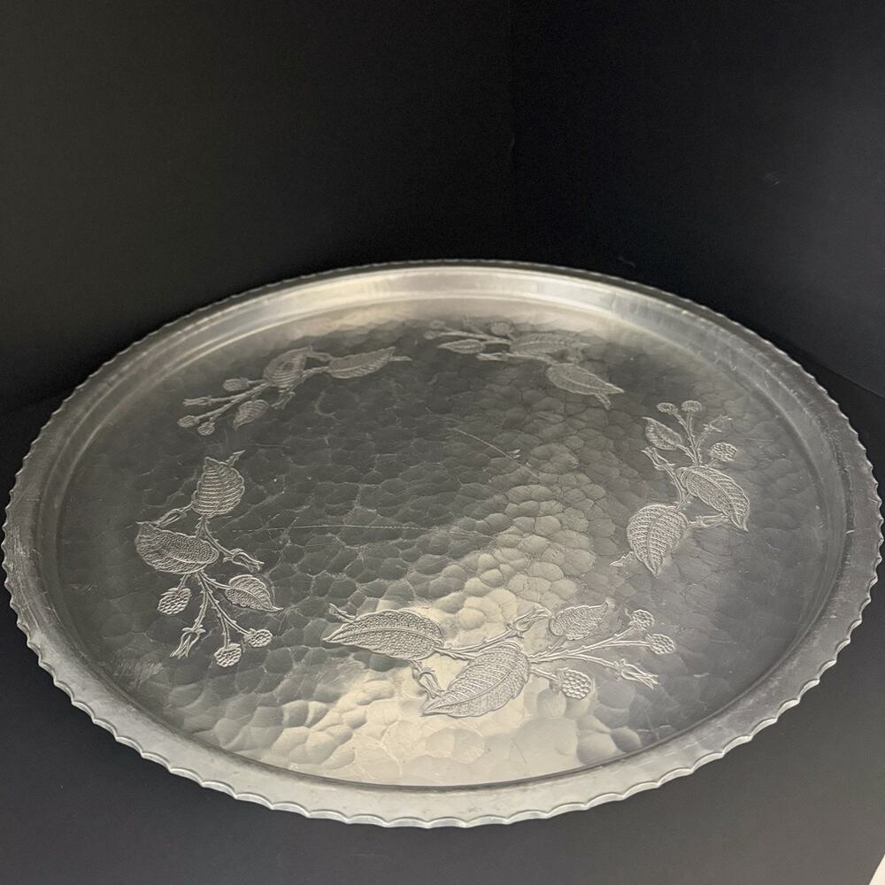 Vintage Wrought Farberware Hammered Aluminum Round Serving Tray Platter 15"